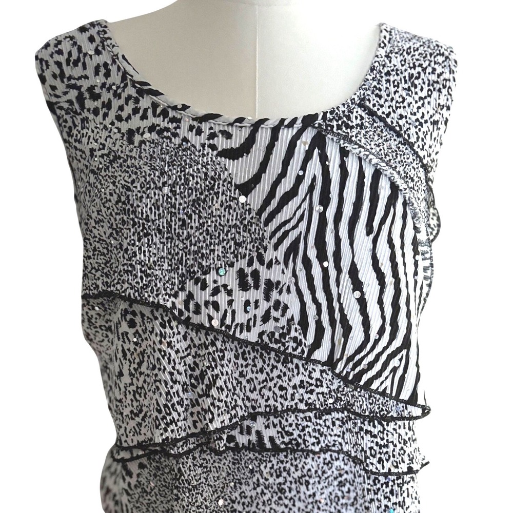 Keren Hart Womens XL Animal Print Sequin Plisse Tiered Sleeveless Blouse Black